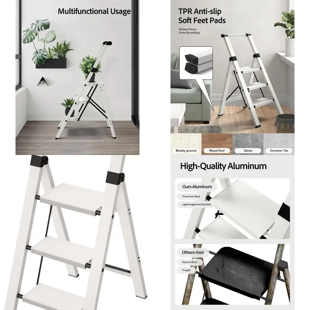 

Aluminum Lightweight Folding Step Stool with Handgrip, Anti-Slip Treads, 330lbs Capacity for Home & Office Use - White