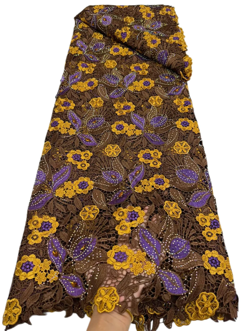 New Multicolor Flower Stones Water Soluble African Lace Fabrics Embroidery Lace Hand-Cut Holes For Wedding Sewing Dress 5 Yards