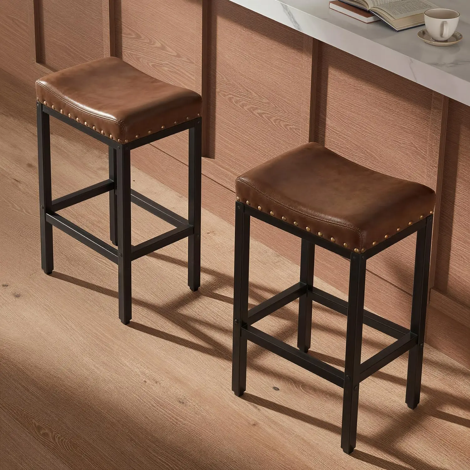 

Counter Height Bar Stools Set of 2,30 Inch, Industrial Vintage Bar Stool with Nailhead, Faux Leather Barstool with Footrest,