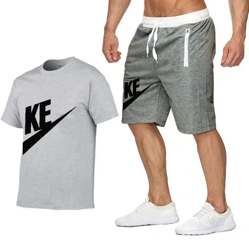 Conjunto de camiseta e shorts masculinos estampados com gola redonda, manga curta, shorts de 5 pontos, esportes fitness, moda casual, verão, 2