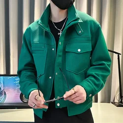 Solid Color Large Pocket Baseball Jacket Men Coat Lapel Jacket Male Club Outfit Green Retro High Street Couple Bomber Jacket