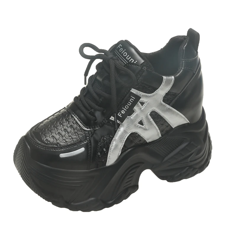 

10CM New Chunky Leather Sneakers Summer Casual Vulcanized Shoes Woman High Platform Breathable Air Mesh Sneakers Sport Dad Shoes