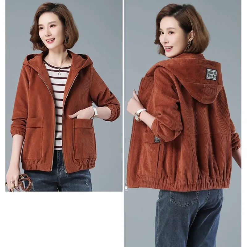 Corduroy Short Coat Women's 2024 Spring Autumn New Korean Loose Solid Hooded Jacket Fashion Casual Female Zipper Coat Tops