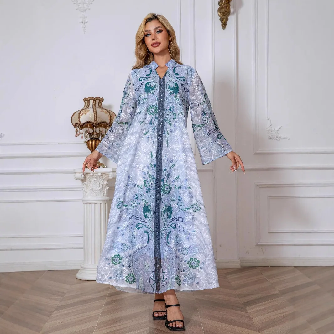 241103 Muslim women's long robe embroidered with floral prints and diamond studded women's long skirt dress Abayas