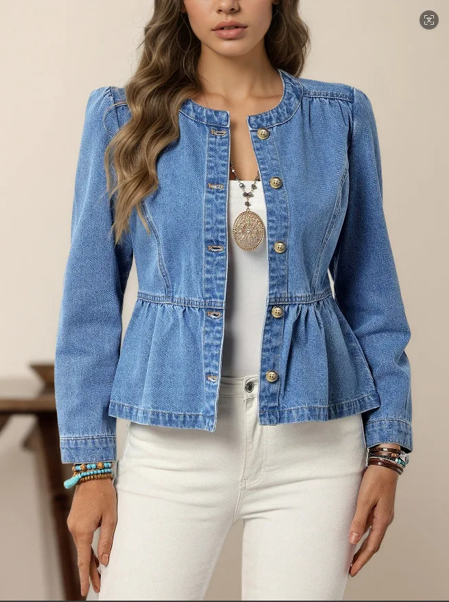 Cappotto di jeans da donna manica svasata giacche solide bottoni in vita stretta giacca o collo cappotti casual slim base Office Lady autunno 2025