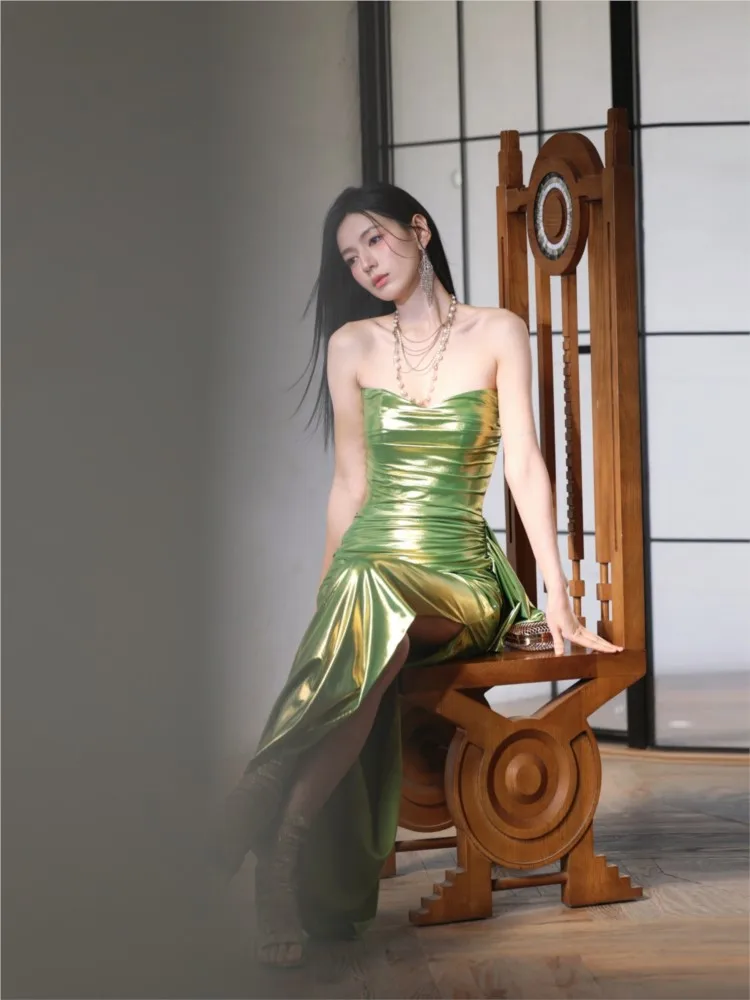 

Gold green boob top cutaway dress with pleated waist