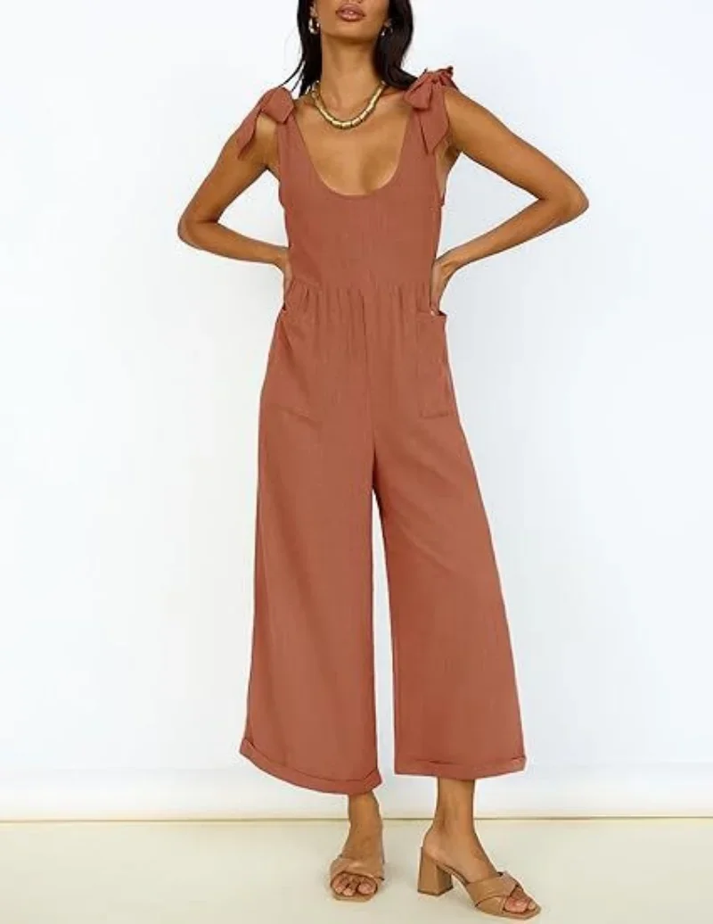 2025 New Arrival Women's Solid Color Pocket Tie Wide Leg Jumpsuit Large U Neck Pants Ladies Daily Wear Clothes Evening Jumpsuits