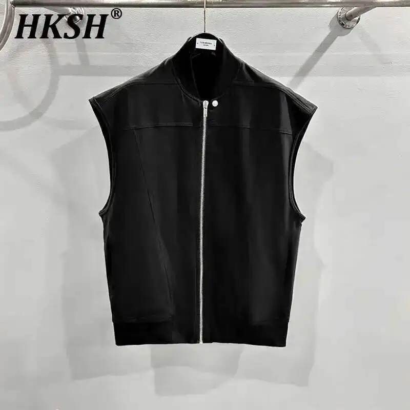 

HKSH Men's Tide Dark Streetwear 2025 Autumn Winter New Waistcoat Solid Color Splicing Punk Knitted Cotton Zipper Tank Top HK2330