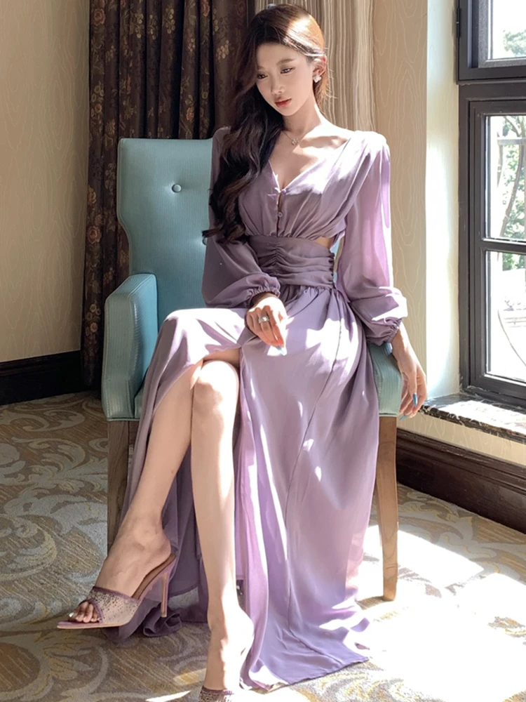 秋の紫シフォンホローアウトVネックセクシーバックレスドレス女性エレガントラグジュアリーダンスパーティードレス2025韓国ボディコンベスティドス