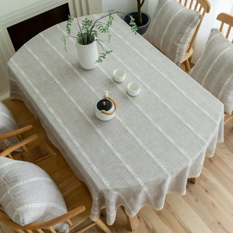 

Tablecloth Oval Striped Linen Table Cover Farmhouse Rustic Table Clothes Solid with Lace for Home Textile 200cm with Lace Decor