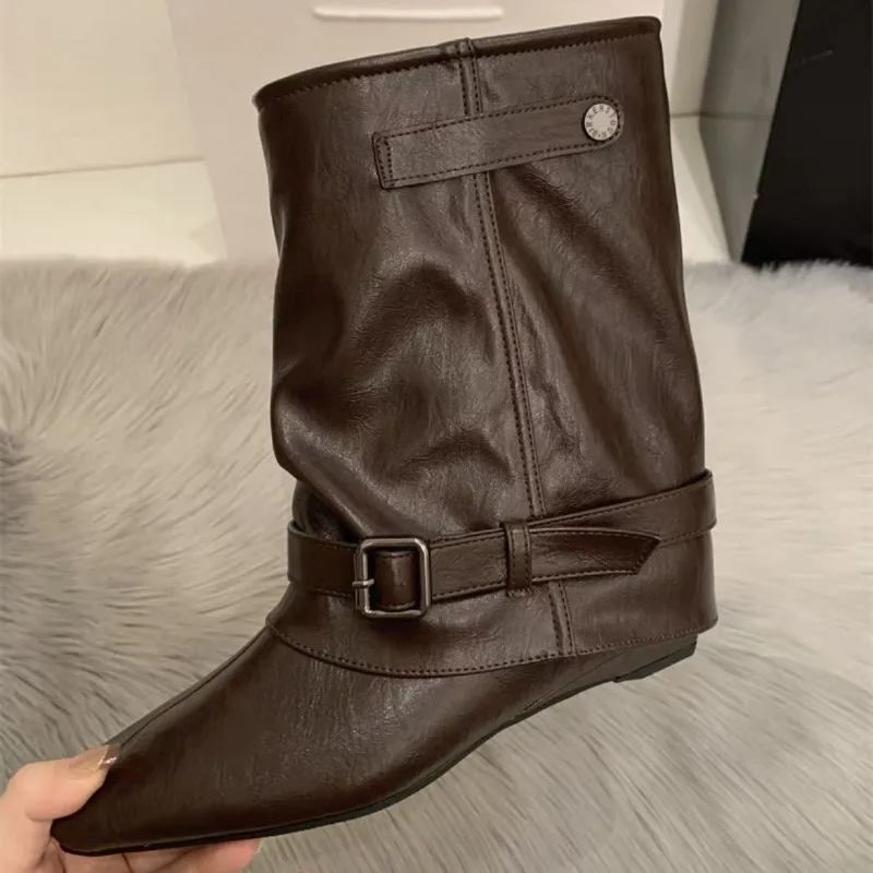

Designer Women Knight Boots Fashion Wedges Low Heel Dancing Dress Shoes Street Style Banquet Party Short Botas Mujer，35-39