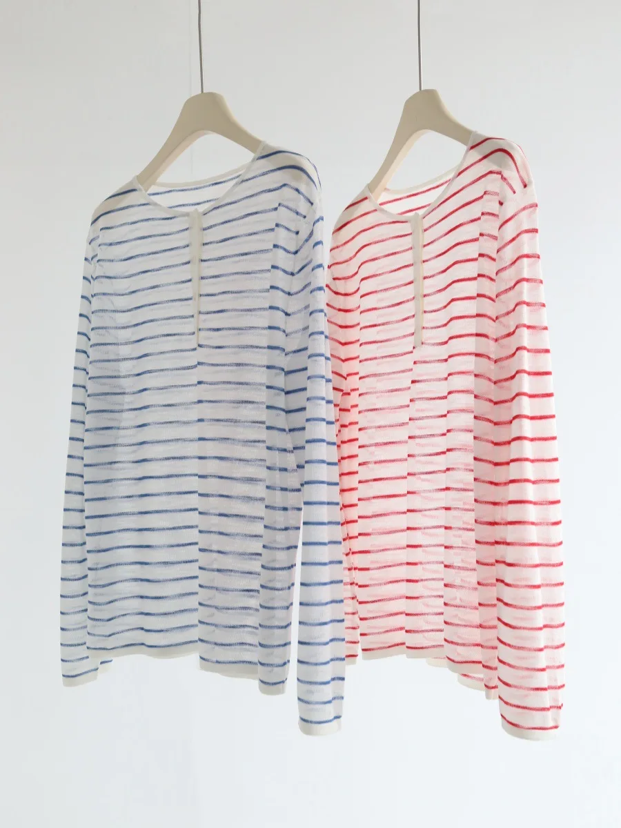

Dave&Di Korean striped contrasting button half open collar long sleeved knitted top for women's summer new sun protection and ai