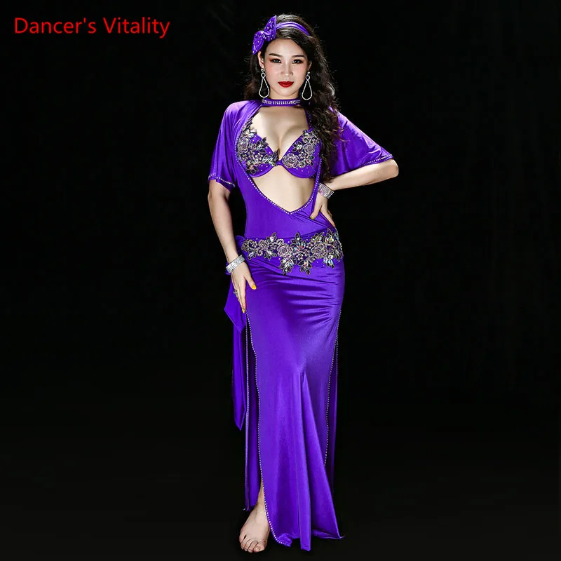 Ropa de rendimiento folclórico de danza del vientre para mujer, sujetador, bata, diadema, cinturón y calzoncillos, traje de baile, 4 piezas, nuevo