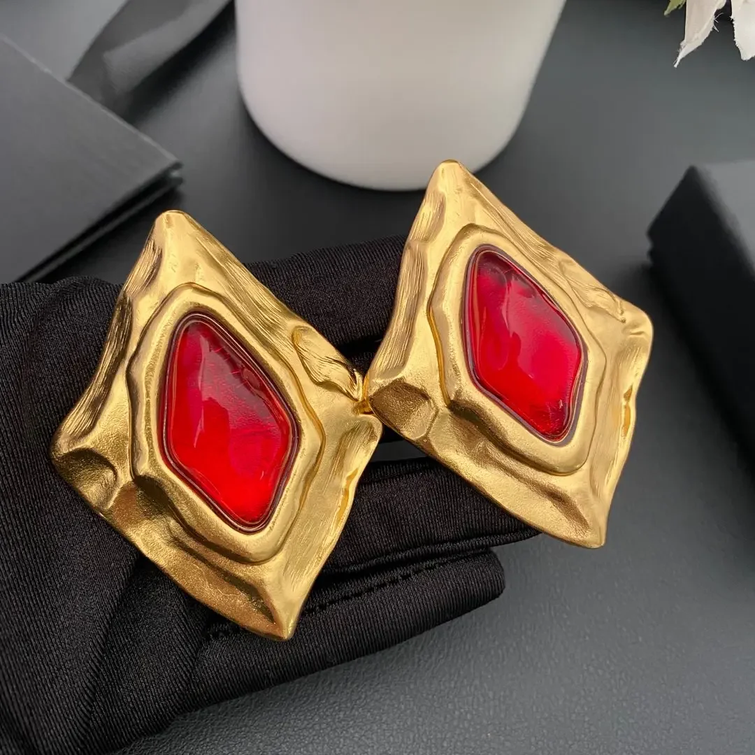 

Europe America Vintage Colorful Gemstone Large Earring Ear Clip Women Designer Luxury Jewelry Trend