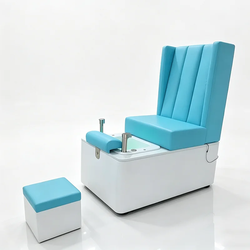 

eh-High End Nail Salon Equipment White Base Foot Spa Chair Luxury Blue Beauty Shop Manicure Pedicure Station With Stool@