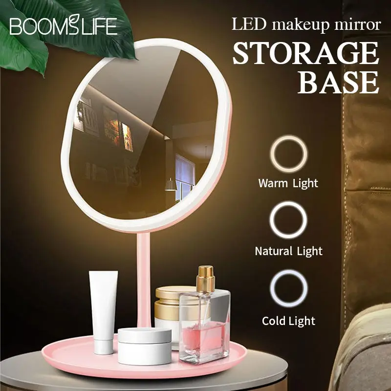 

LED Makeup Mirror With Light Face Mirror With Storage Desktop Rotating Light Vanity Mirror Adjustable Dimmer USB Cosmetic Mirror