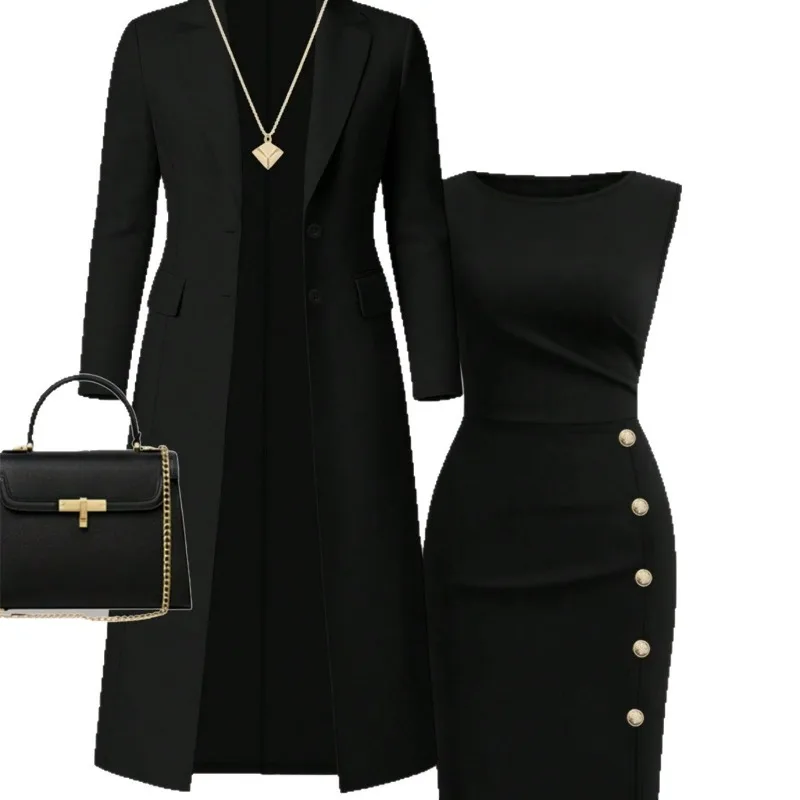 A New Autumn and Winter Fashion Set for Women Featuring A Long Suit Jacket Paired with Sleeveless Dress From Europe and America