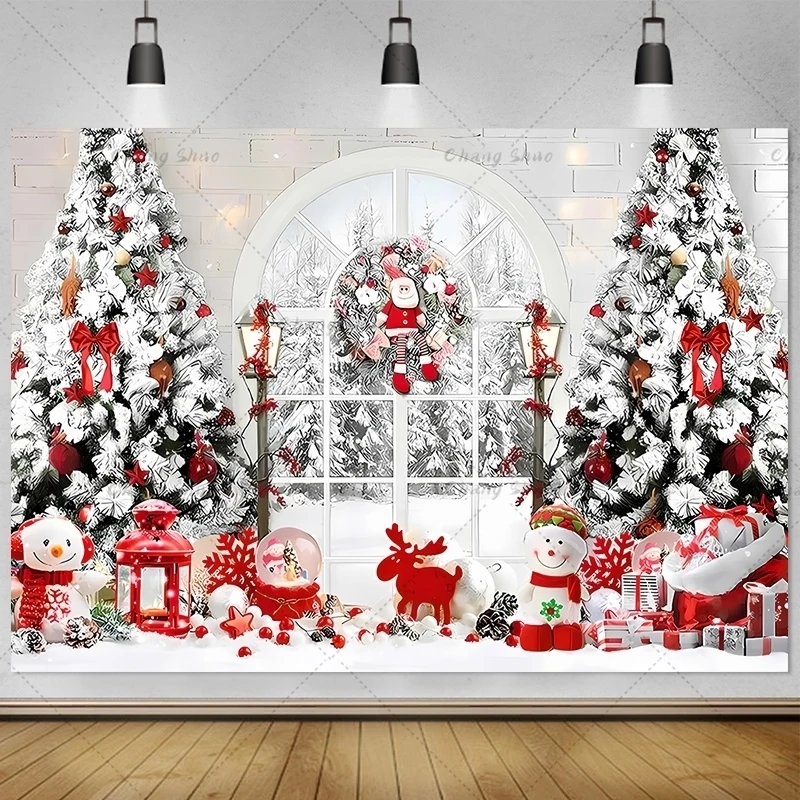 Christmas Backdrop for Photography Winter Xmas Tree Window Fireplace Gifts Wood Door Baby Family Party Portrait Photo Background