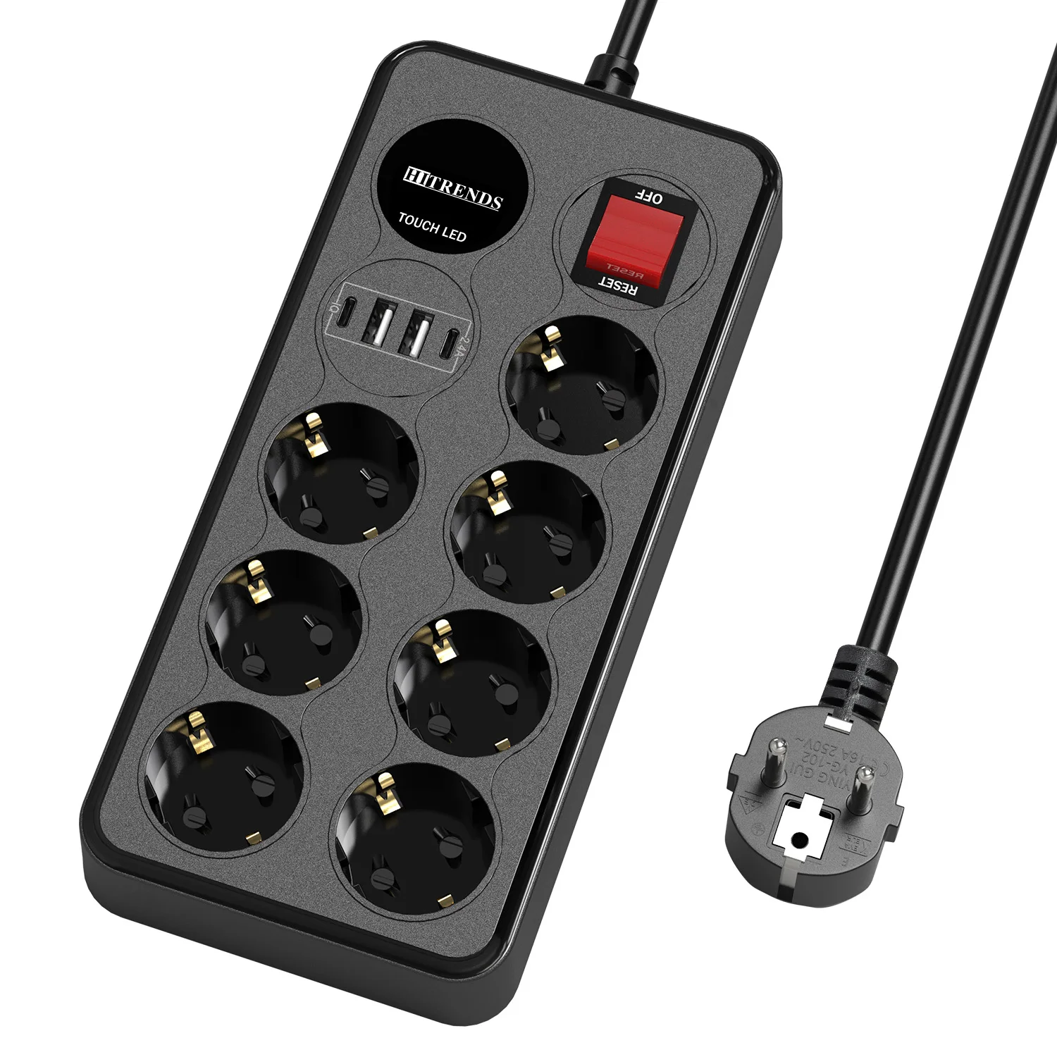 11-in-1 multi-functional socket board, 7AC+4USB fast charging, 1.8-meter long cable touch LED, multiple safety protections