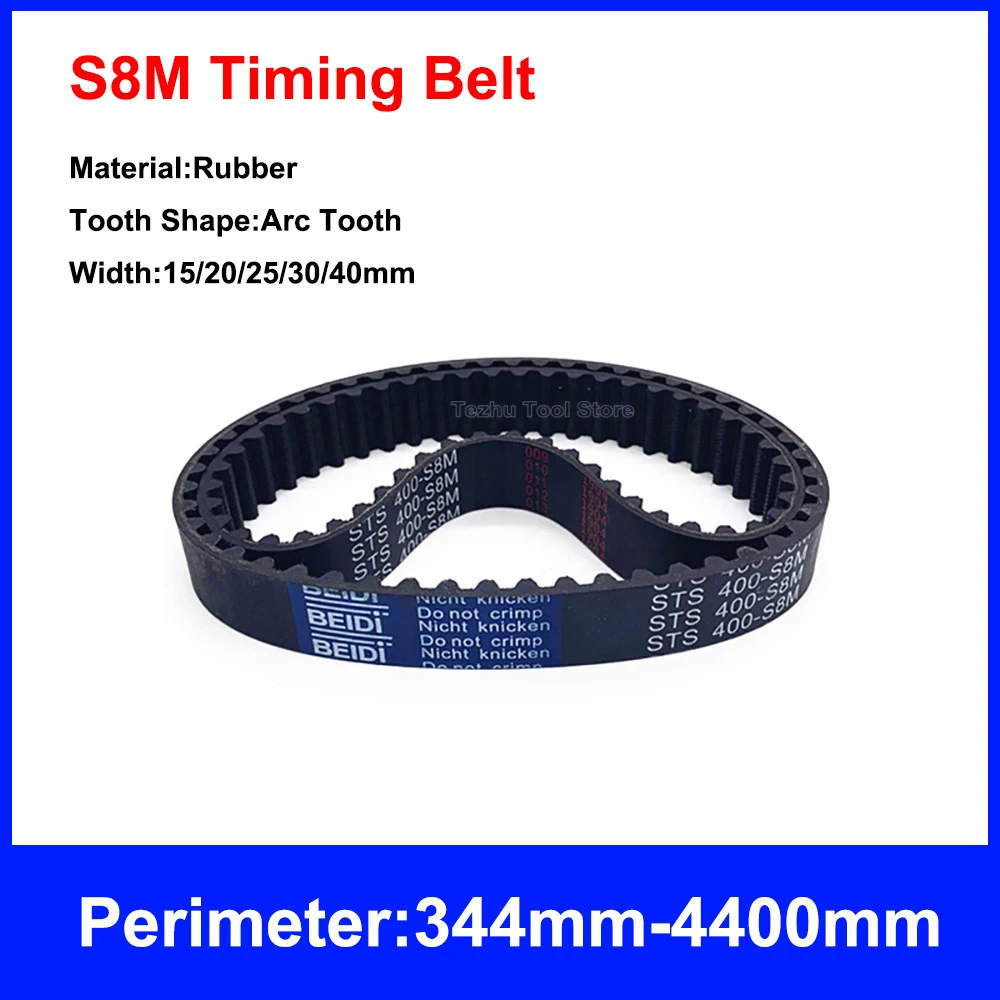 1PCS S8M Timing Belt Black Rubber Closed Loop Synchronous Belt Width 15/20/25/30/40mm Perimeter 344mm-4400mm