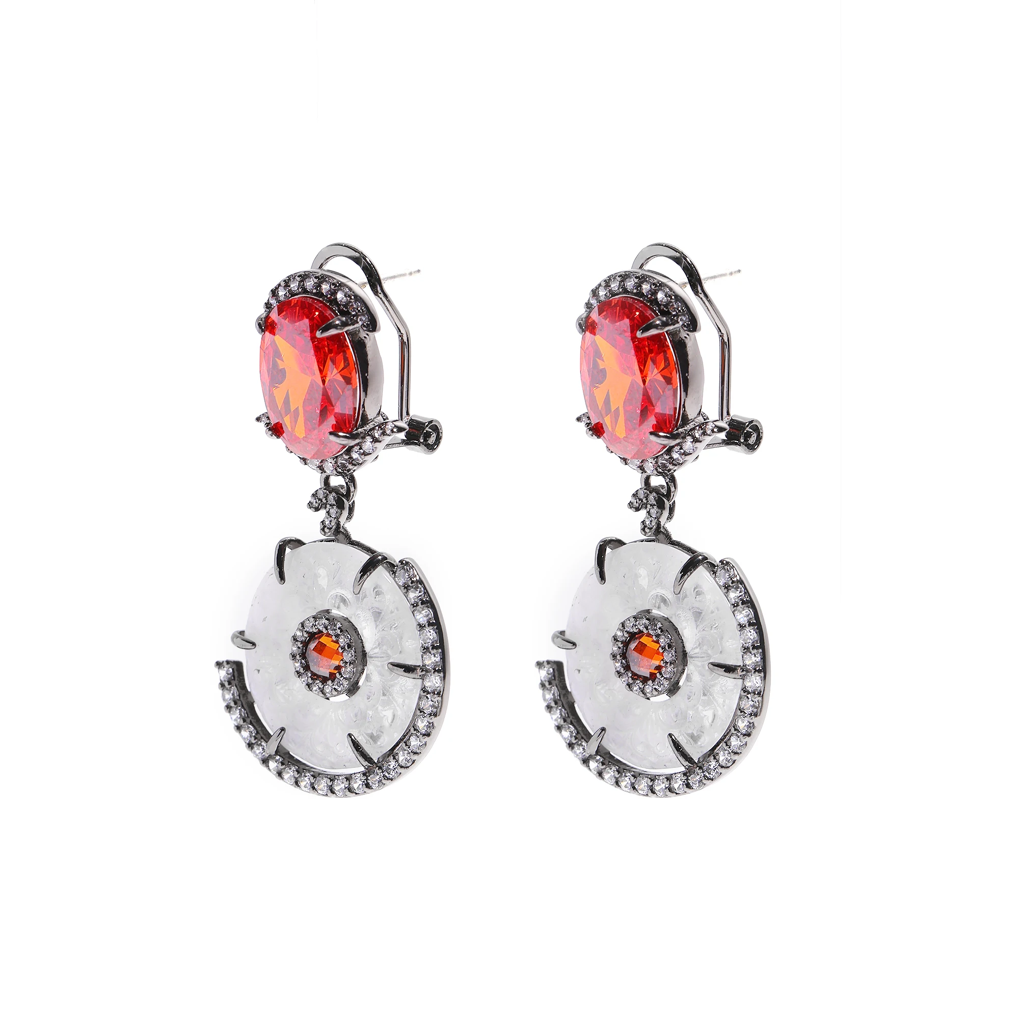 Orange Red Crystal Dangle Drop Earrings White Carved Disc Black Gunmetal Halo CZ Statement Earrings Women Party Jewelry