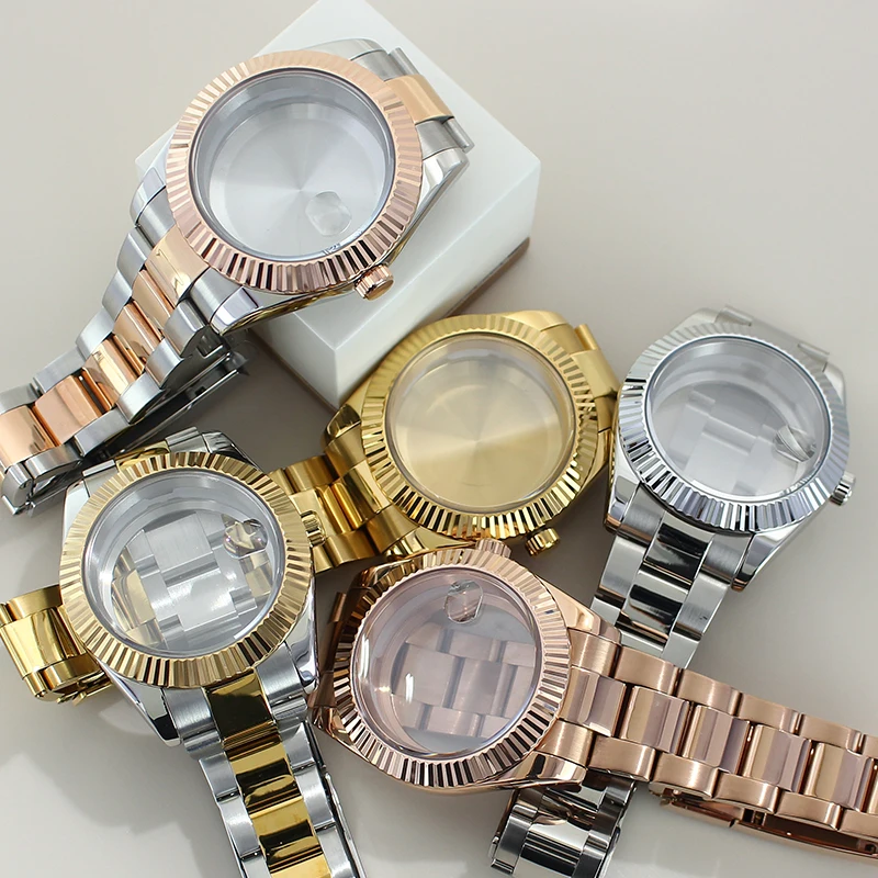 39mm 36mm Polished DJ Bezel Watch Case Sapphire For NH35 NH36 NH38 NH34 Miyota 8215 Movement Solid Steel Bracelet Sliding Buckle