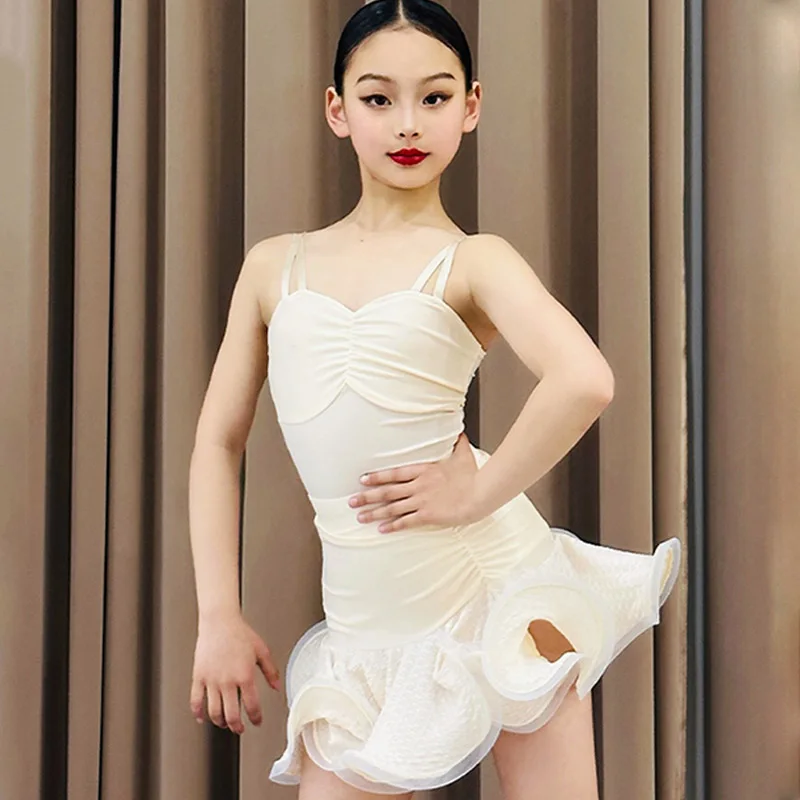 

Girls Latin Dance Dress Champagne Sleeveless Ruffles Top Skirt Split Suit Stage Performance Clothing Competition Wear VDL99