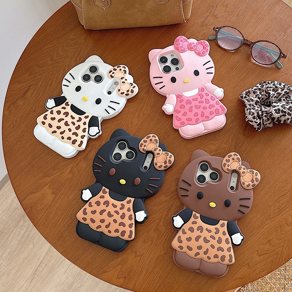 

Sanrio 3D Leopard Print HelloKitty Silicone Soft Case for IPhone 17 Pro Max 16 15 14 13 12 11 Anti-drop Phone Back Protect Cover