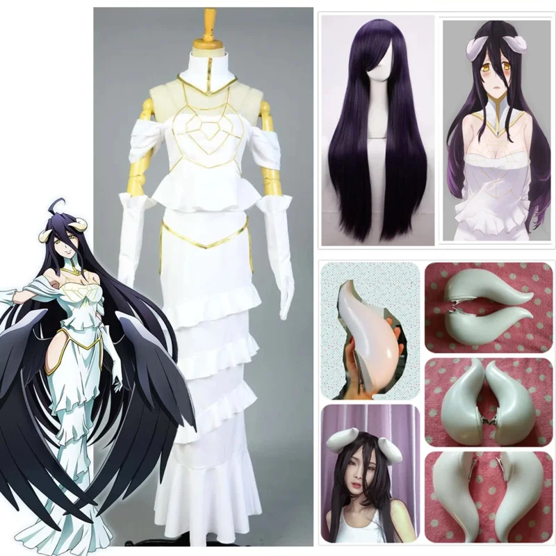 Anime Overlord Albedo Cos Sexy White Mermaid Dress for Women Summer Skirt Adult Clothing Cosplay Costume Horns Wig Halloween