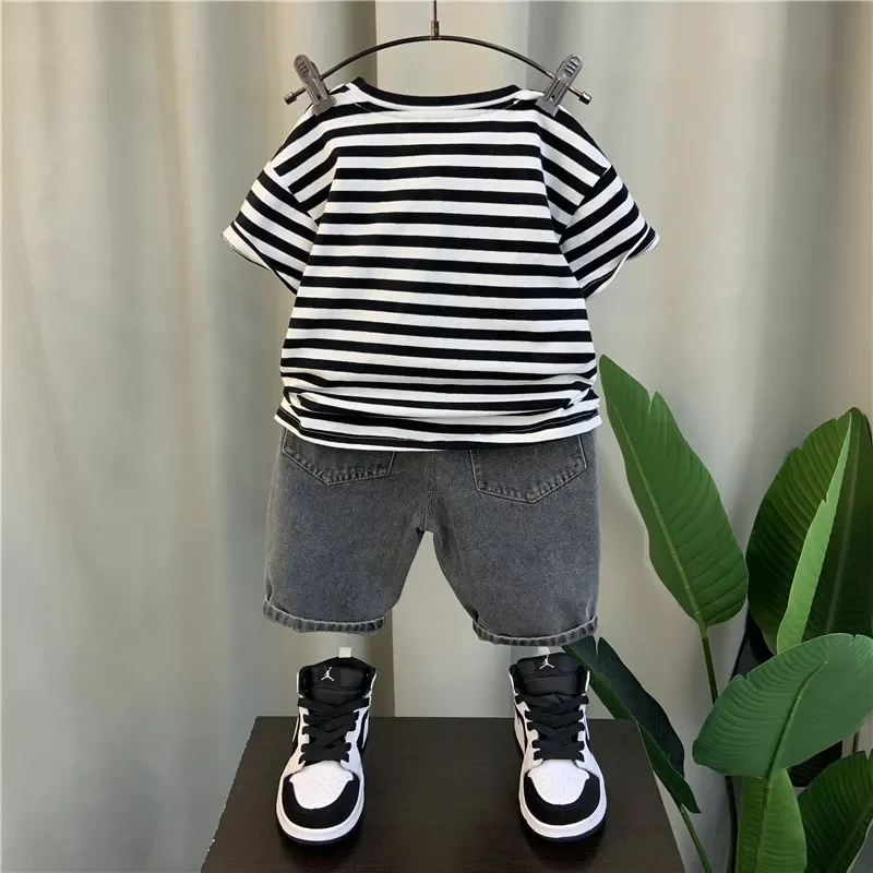 2024 Summer Children\'s Clothing Set Toddler Boys Pullover Short sleeved Striped T-shirt+Black Denim 2Pce Kids Fashion Tracksuit