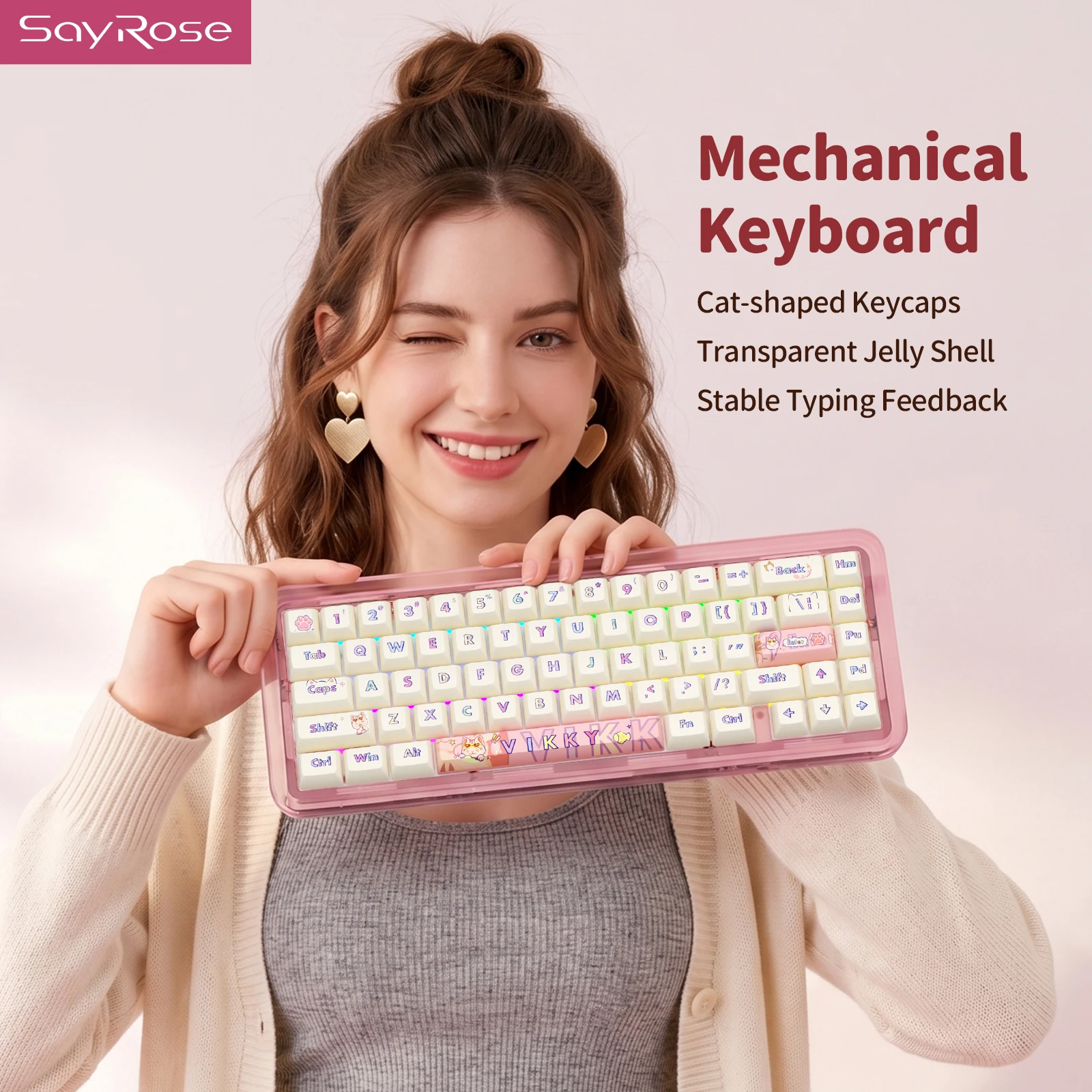 SayRose B67 Cute Aesthetic Mechanical Keyboard Triple Mode Wireless 2.4G Bluetooth Type C Wired RGB Backlit Crystal Switches Desktop Gaming Keyboard Cute Girl Desk Decor Gift