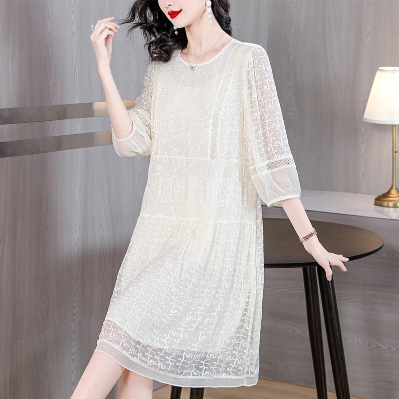 2023 Autumn New Solid Silk Embroidery Dress Women's O-Neck Lace Splice Slim Loose Large Knee Length A-line Dress Robe