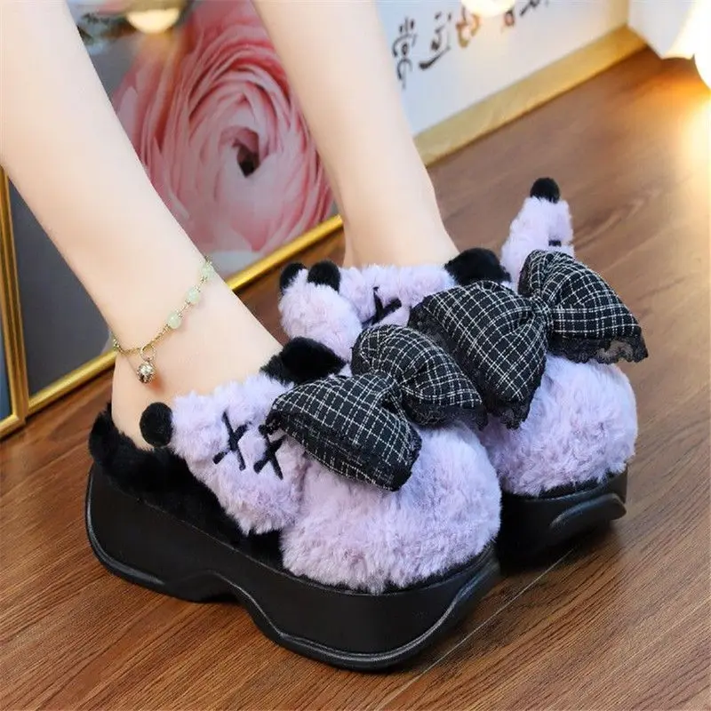 New pink bowknot gothic slippers women winter chunky slides girls harajuku shoes thick sole slipper woman fluffy high heel mules