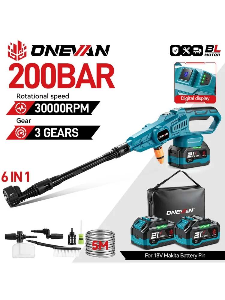 ONEVAN 200Bar Borstelloze Hogedrukreiniger Pistool 3500W 6in1 Draadloos Spuitpistool Auto Tuin Wasmachine Tool Voor Makita 18V Batterij Pin - afbeelding 2