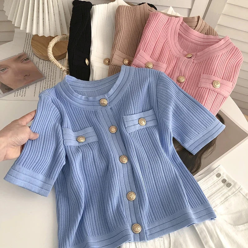 Black Chic Cardigan Women Golden Button Summer O-neck Short Sleeve Cropped Tops Open Stitch Korean Streetwear Knitted Cardigans