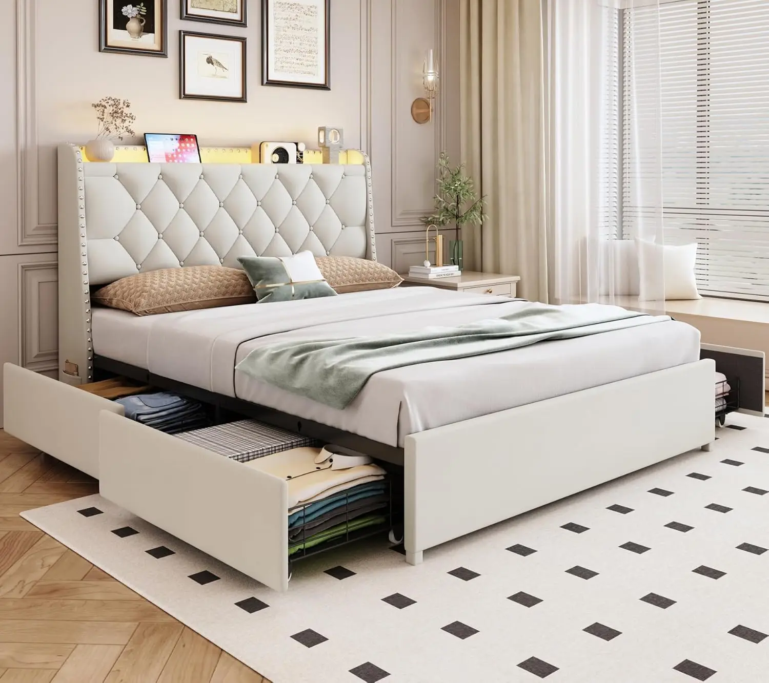 Queen Size Bed Frame with 4 Drawers & Storage Headboard, Upholstered Platform Bed with LED Lights & Charging Station, Beige