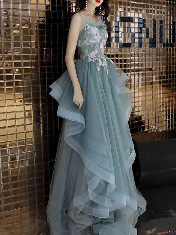 Customized Halter Strapless Mesh Spliced Long Evening Dresses Elegant Beading Floral Embroidery Appliques Robe Slim Fit Wavy Edg