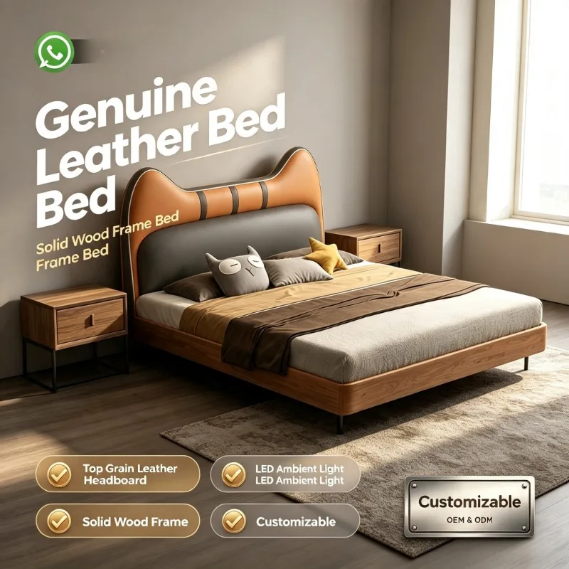 Cartoon Cat‑Ear Kids Leather Bed, Soft Upholstered Headboard Solid Wood Frame Children Bed for Boys Girls Bedroom Home Furniture