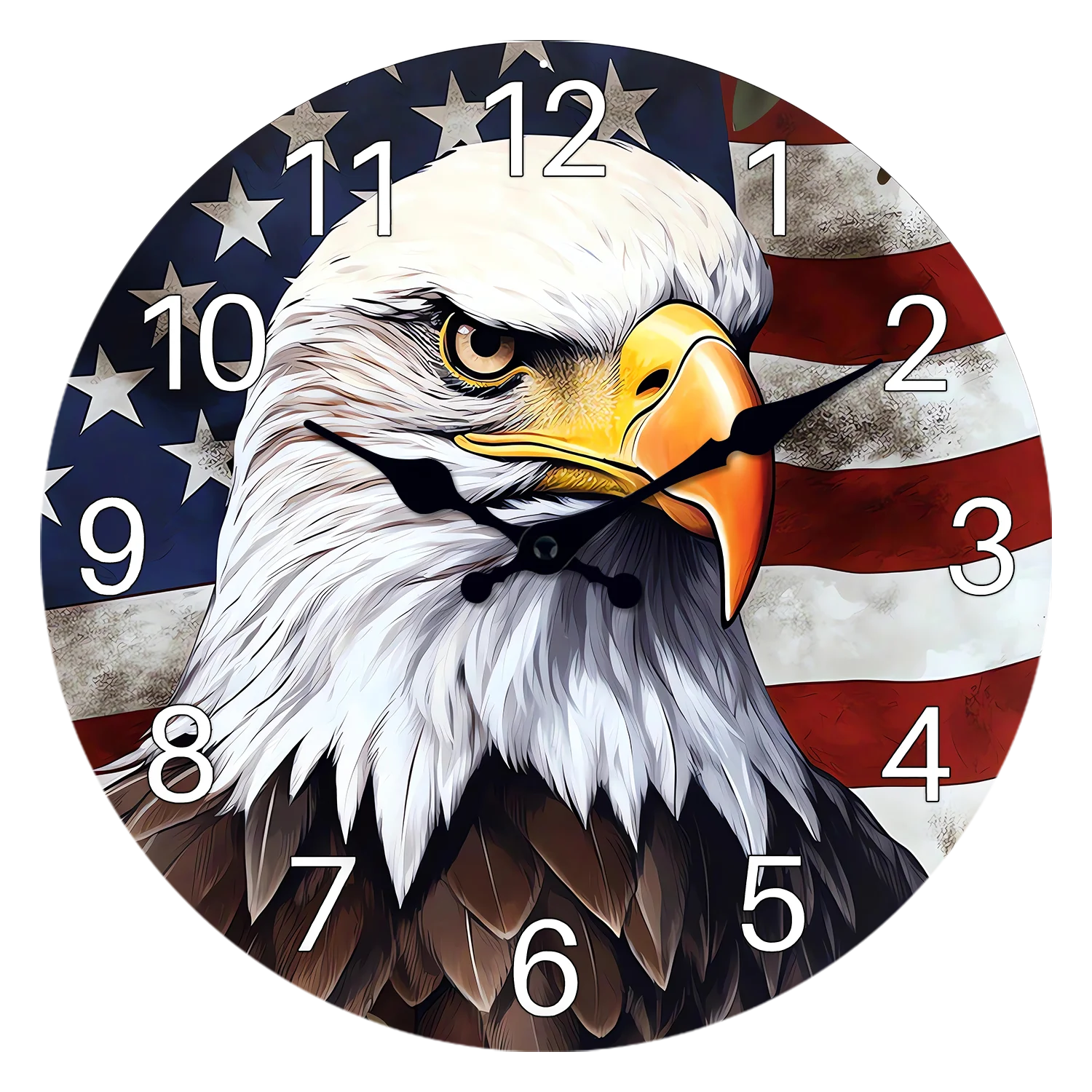 American Eagle Flag Pattern Wooden Wall Clock for Living Room, Bedroom, Kitchen, Home Decoration, Silent Quartz Clock, Holiday Gift, 10 Inches, 12 Inches (No Battery)