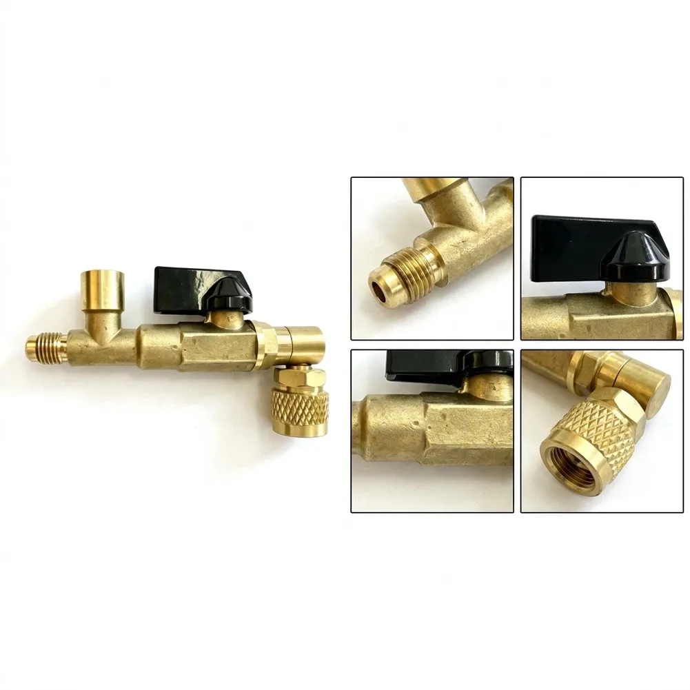 Three Way Brass Ball Valve Set for Refrigerant For Service with Gauge Adapter and Connector for HVAC Maintenance