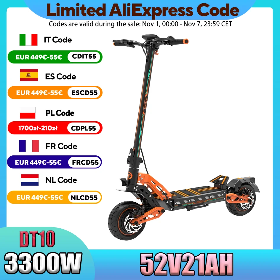 E-Scooters 3300W Motor 52V20.8AH Battery Shock Absorption Electric Scooter Off-Road 11-Inch Vacuum Tire Foldable E-Scooter