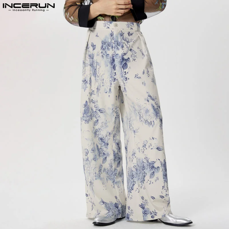 Summer INCERUN 2024 Men Wide Leg Long Pants Floral Printed Trousers Fashion Party Casual Streetwear Men Clothing S-5XL Oversized