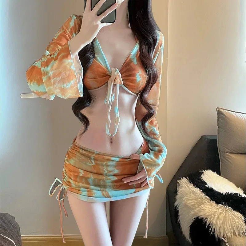 Women's Bikini Set Tie Dye Tie Front V Neck Flare Sleeve Cover Up Ruched Tie Side Skirt Sexy Summer Beach Bathing Suit Swimwear