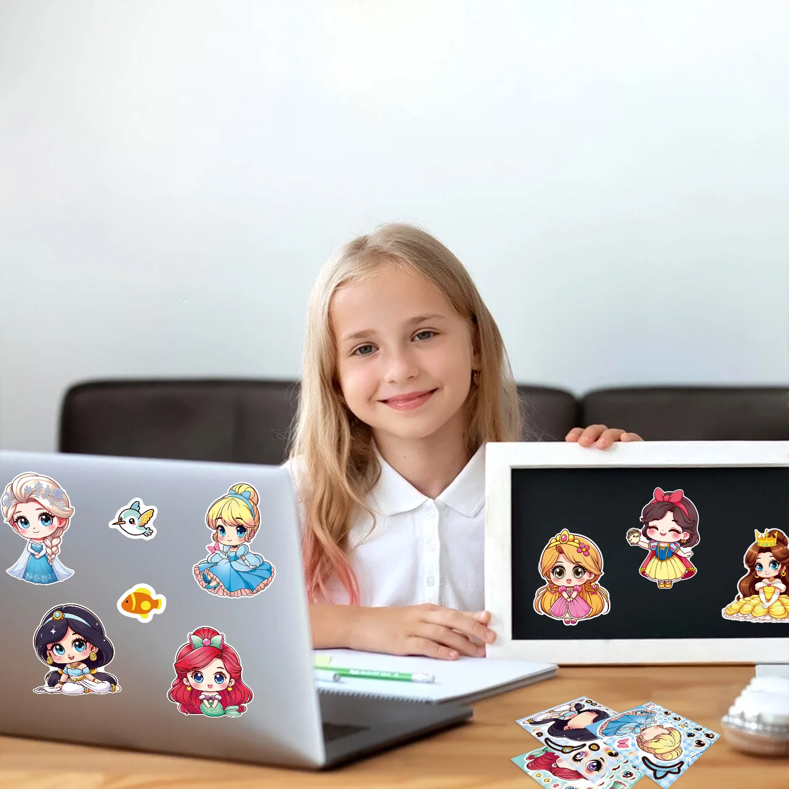 8/24 قطعة ملصقات وجه متغيرة على شكل أميرة كرتونية يمكنك صنعها بنفسك كوب ماء مقاوم للماء ملصقات دفتر قرطاسية للأطفال