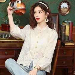 Chinese-style Sun Protection Retro Lace Stand-up Collar Chinese-style Long-sleeved Shirt with Buttons Hollow Air Quality Top
