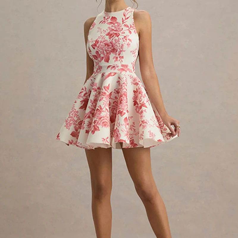 أزياء س الرقبة الدانتيل يصل مساء اللباس المرأة شيك طباعة أكمام عارية الذراعين فستان قصير مثير سليم عالية الخصر مطوي ألف خط اللباس