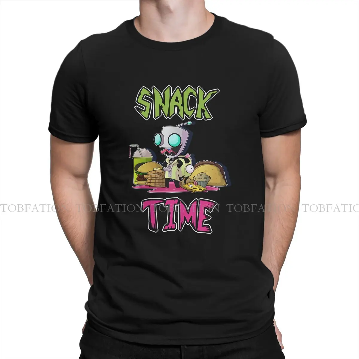 Invader Zim Cartoon Animation TShirt for Men Snack Time Gir Round Neck Pure Cotton T Shirt Personalize Birthday Gifts Streetwear