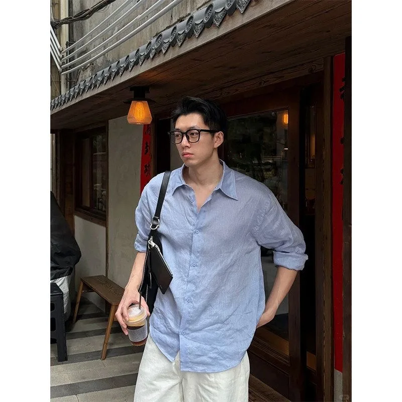 

Light Blue Cotton Linen Long Sleeve Shirt Men's Loose Casual Vacation Top Drapey Versatile Sun Protection Shirt