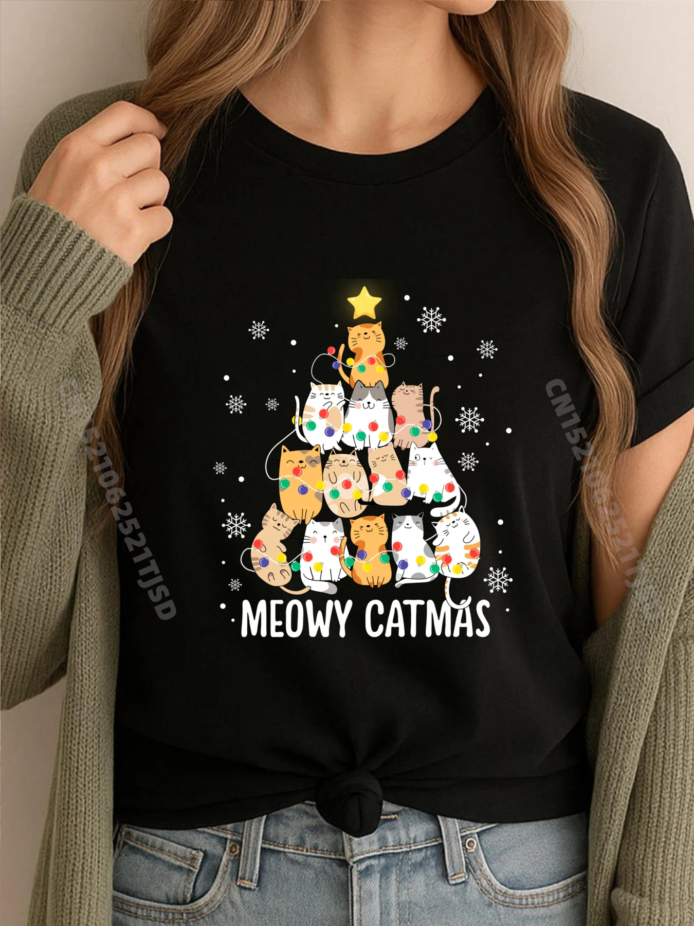 

Meowy Catmas Cat Christmas Tree Lights Kitten Xmas Cat Lover Graphic Shirts Woman New In Tops And T-Shirts Letter