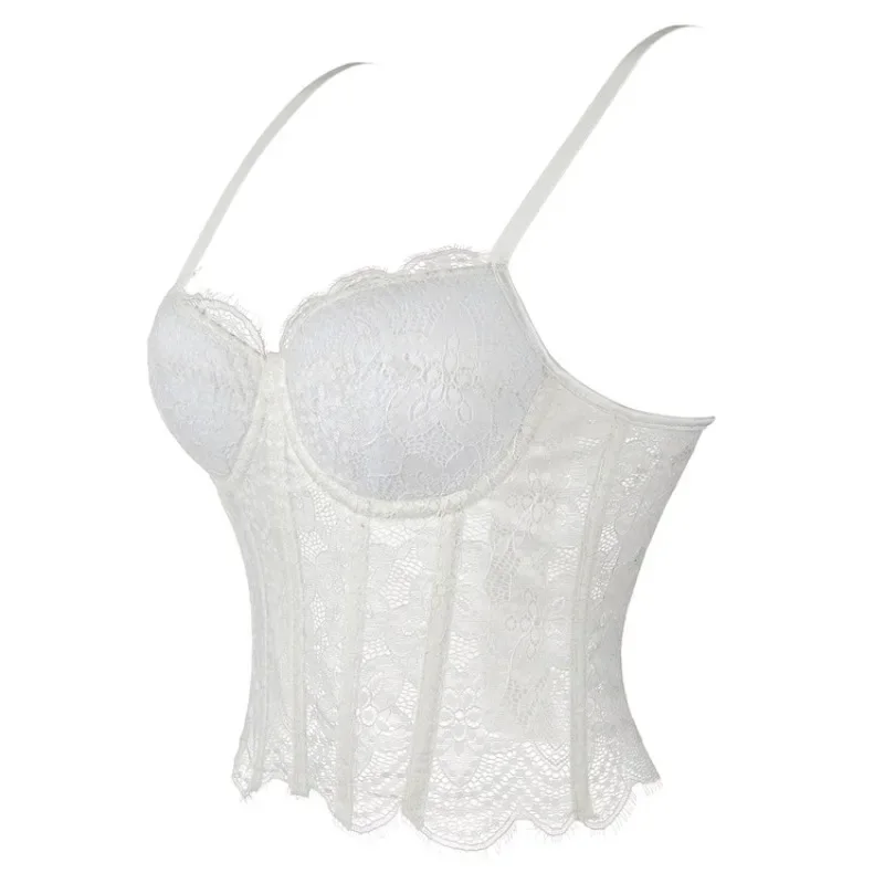 Sexy White Mesh Lace Double Shoulder Strap Vest Women Summer Breathable Corset Fashion Cup Lingerie Slimming Overbust Corset